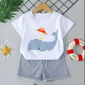 Baby matching Set striped tshirt and shorts, white and blue,whale graphic NEW
